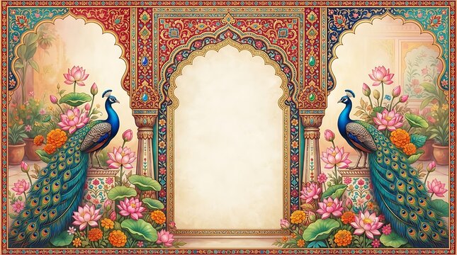 Ornate indian frame with peacocks and lotus flowers in a traditional architectural setting