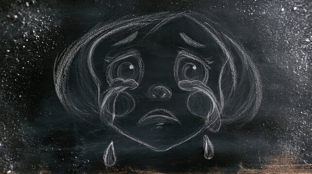Chalk Drawing of Crying Little Girl Face with Big Tears on Blackboard for Sadness Concept