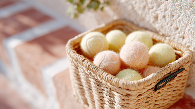 Basket of tennis balls near a brick wall in sunny outdoor setting