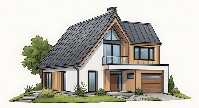 Modern two-story house with a triangular roof, clean stylized illustration