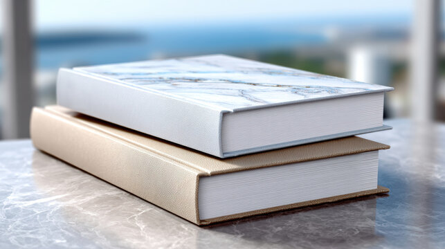 Stacked hardcover books on marble tabletop by window ideal for cover mockup, publishing presentation, product catalog lifestyle shot and editorial layout for designers and printers