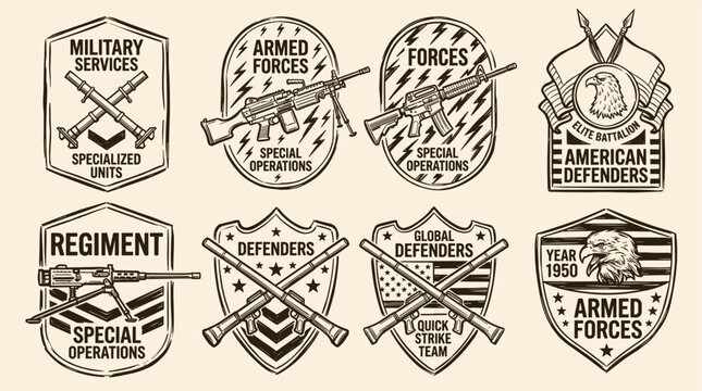 Military badge collection with vintage rifles and eagles. Tactical armed forces emblem for apparel. Army specialized units logo set. Retro battalion shield patches.