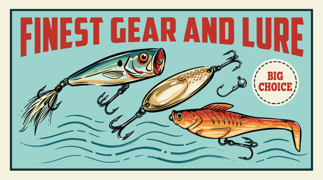 Vintage fishing lure poster design. Retro sport fishing equipment illustration. Finest gear and lure banner for print. Professional fishing tackle and bait collection.