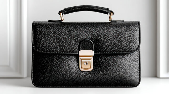 Black leather briefcase with front latch and top handle for product background banner and professional business accessory display