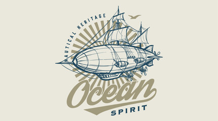 Sail the skies with vintage airship. Nautical heritage ocean spirit design. Steampunk dirigible sketch for apparel print. Retro maritime flying ship illustration. © m gusafif