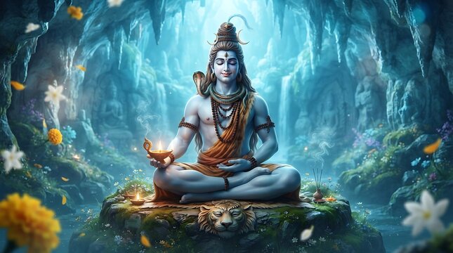 Lord shiva meditating in cave with flowers and waterfall