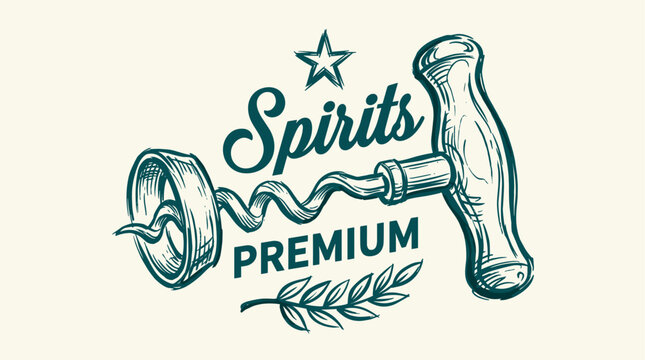 Vintage corkscrew sketch for wine lovers. Premium spirits label design with star and laurel. Hand drawn retro alcohol bottle opener. Classic engraving art for winery branding.