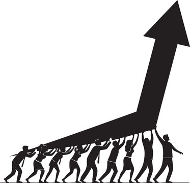 Team of business people lifting a large growth arrow silhouette