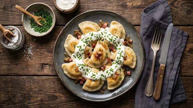 Traditional polish pierogi dumplings served with sour cream and bacon on a rustic table, perfect for national pierogi day