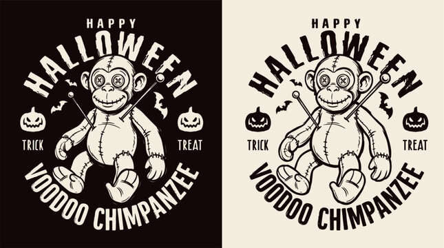 Happy Halloween voodoo chimpanzee illustration. Vintage horror monkey doll design for t shirt. Scary spooky occult mascot character. Retro trick or treat pumpkin graphic element.