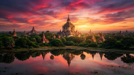 Fototapeta premium Ancient buddhist temples in bagan myanmar at sunset with reflection in a pond