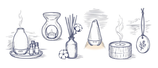 Obraz premium Essential oil diffuser spa set sketch vector illustration of aromatherapy items including reed diffuser, candle burner, fragrance bottles, and hanging air freshener for wellness relaxation context.