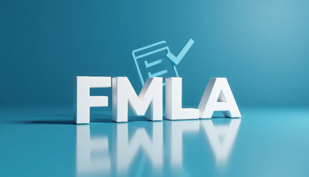 FMLA letters with checklist icon on blue reflective background for hr policy banner or workplace training design