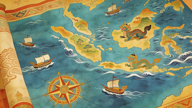 Vintage antique map of Southeast Asian archipelago with sailing ships and compass rose.