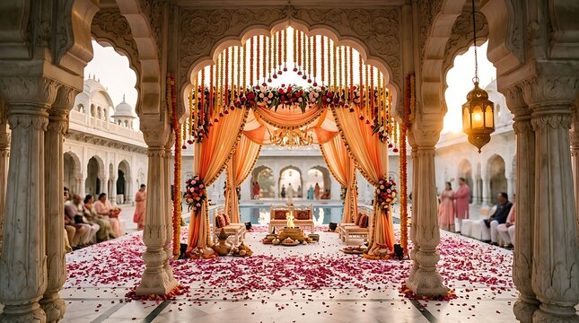 Traditional indian wedding mandap setup in a luxury palace courtyard