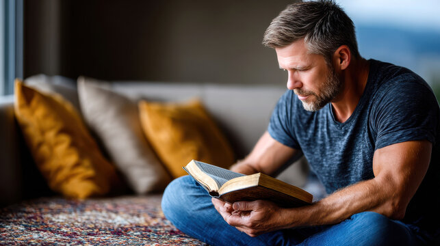 Man reading quran at home seated on patterned rug near window for spiritual reflection and religious study background and meditation scene
