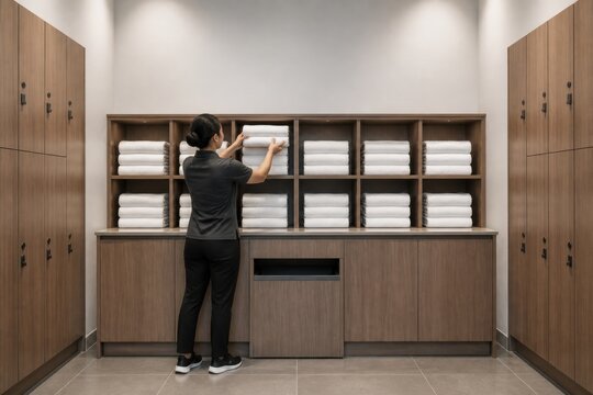Fitness center staff member restocking white towels in locker room