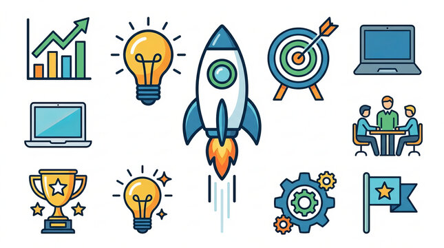 Startup Success Icons: A vibrant collection of vector illustrations symbolizing innovation and entrepreneurial spirit, featuring a rocket launch, lightbulbs, charts, a trophy.