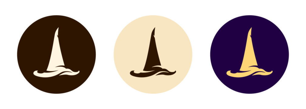 Set of magical witch hat icons featuring pointed hats with curved brims presented as decorative circular