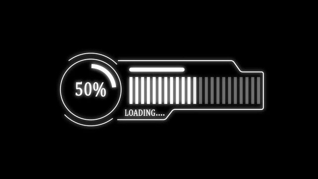 HUD Futuristic Loading Bar Animation with Circular Percentage Counter, Tech Progress Bar, Data Transfer, Download Status UI Element for Science Fiction HUD Interface and Digital Video Overlay