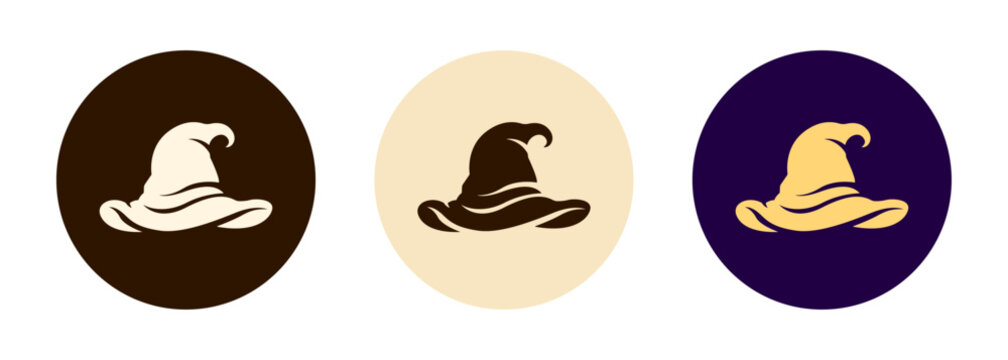 Set of magical witch hat icons featuring curled pointed hats with decorative curved brims presented as circular symbols