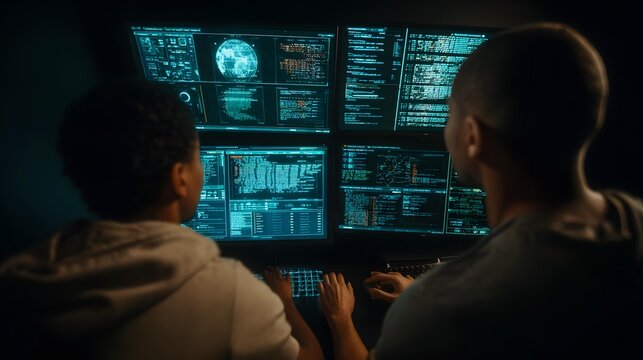 office with developers coding on multiple monitors, futuristic workspace design, innovative atmosphere