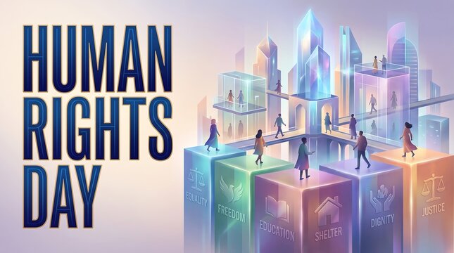 International Human Rights Day Concept Poster with Diverse People in Futuristic City and Pillars of Equality, Freedom, Education, and Justice