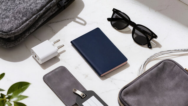 Travel essentials arranged in a top down flat lay with a navy passport, black sunglasses, power adapter, charging cable, luggage tag and gray pouches on a bright marble surface