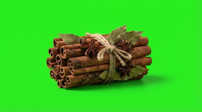 A rustic tied bundle of aromatic cinnamon sticks against a green background