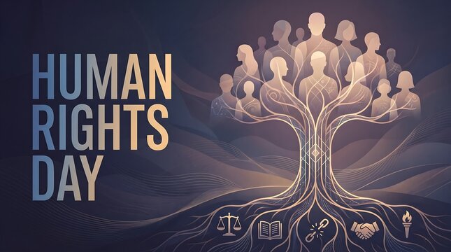 Human Rights Day Banner with Symbolic Tree of Life, Diverse People Silhouettes, and Icons for Justice, Freedom, Equality, and Global Peace