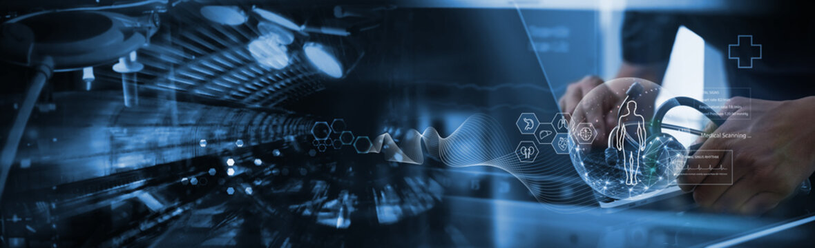 Innovation health technology, futuristic medical background. Doctor working with AI using electronic medical data, medical scanning and diagnosis
