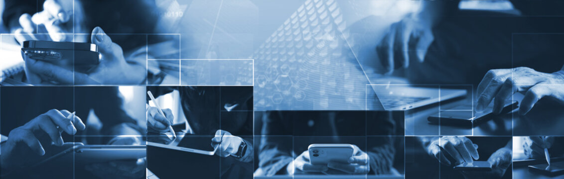 Business and technology background, internet network connection. various scenes of business teamwork, co-working company, planning and strategy, online communication, monotone