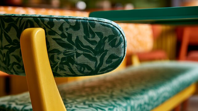 Retro style green patterned restaurant booth seating with yellow accents.