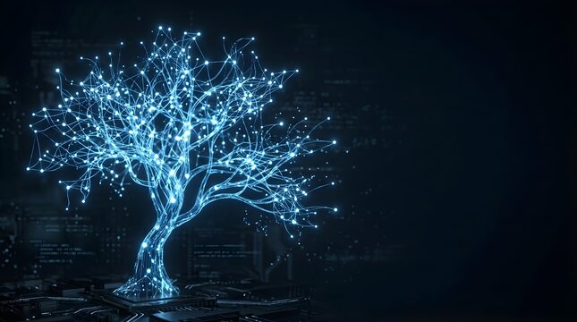 Glowing digital tree structure made of connected light nodes on circuit board