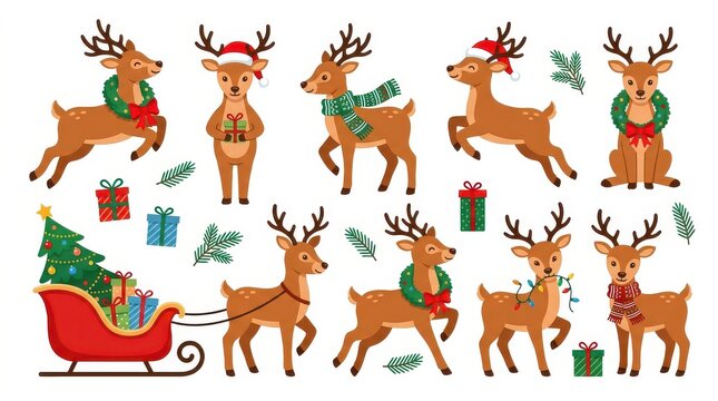 Cute Christmas Reindeer Vector Set with Santa Hats, Scarves, Sleigh, and Gifts for Holiday Design