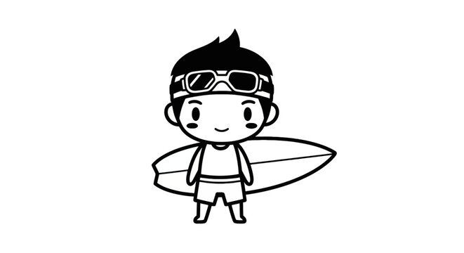Cartoon boy with surfboard smiling.