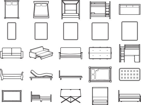 An assortment of bed and sofa outline icons showcase various furniture styles for home and bedroom design.