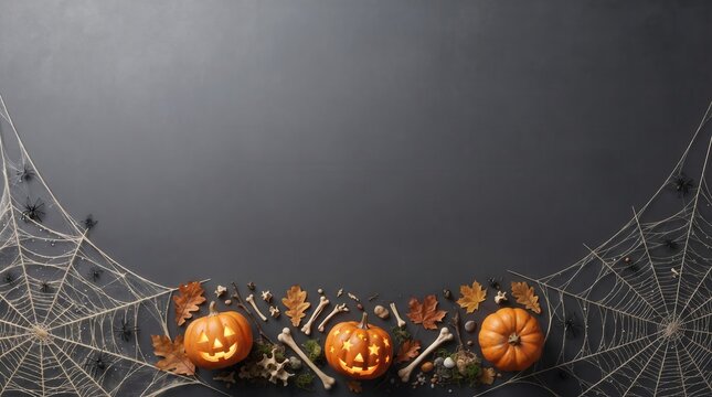 A festive Halloween flat lay composition featuring glowing carved jack-o-lantern pumpkins, scattered autumn oak leaves, realistic plastic bones, and intricate spider webs on a dark grey background.
