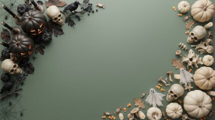 Obraz premium A festive Halloween flat lay composition featuring dark carved pumpkins, skulls, ghosts, and autumn leaves arranged on a muted sage green background with decorative candy corn and spooky spider webs.