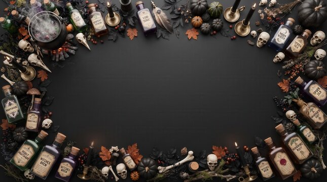 A top-down view of a spooky Halloween flat lay featuring a bubbling cauldron, assorted potion bottles labeled with magical ingredients, skulls, black pumpkins, candles, and autumn leaves on black.