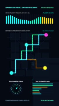 Futuristic HUD with graph bars, city map, GPS route, and data visualization