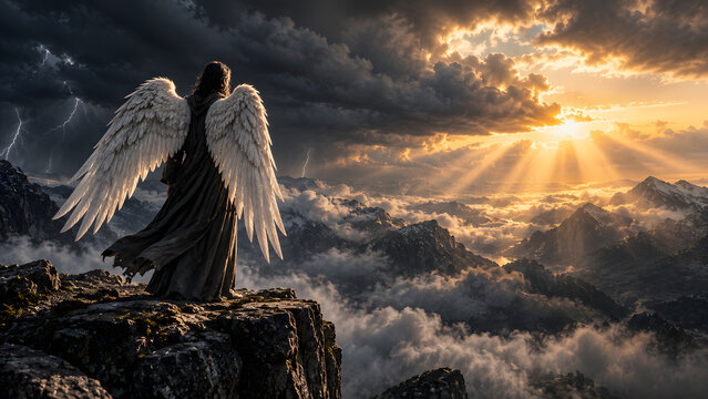 Angel Standing Above Stormy Mountain Valley Facing Heavenly Light