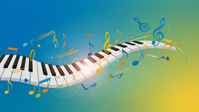 Abstract piano keyboard vector design with floating colorful music notes