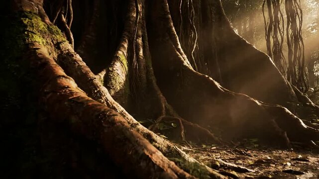 Mystical Tropical Forest with Soft Fog and Light Rays Over Ancient Root Labyrinth Floor