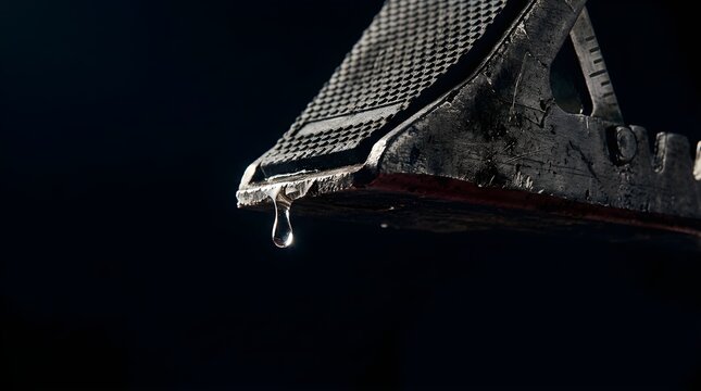 Macro shot of a single water droplet hanging from the metal edge of a vehicle tire chock