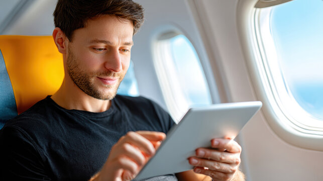 Male traveler using tablet onboard airplane near window for digital entertainment and travel productivity background for banner