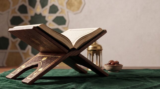 Open Quran on wooden Rehal stand with lantern and dates for Ramadan celebration