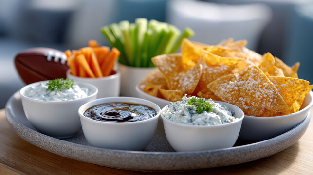 Round tray with multiple dips chips celery and carrot sticks for sports party platter background and snack table banner design