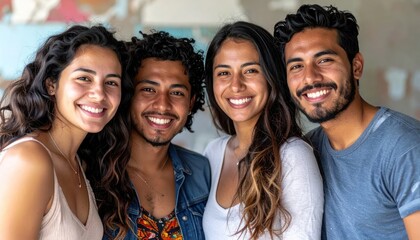 Fototapeta premium Group of four diverse happy friends smiling together.