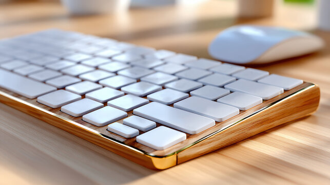 Angled three quarter layout computer keyboard and wireless mouse on wood desk for website header and tech product mockup background